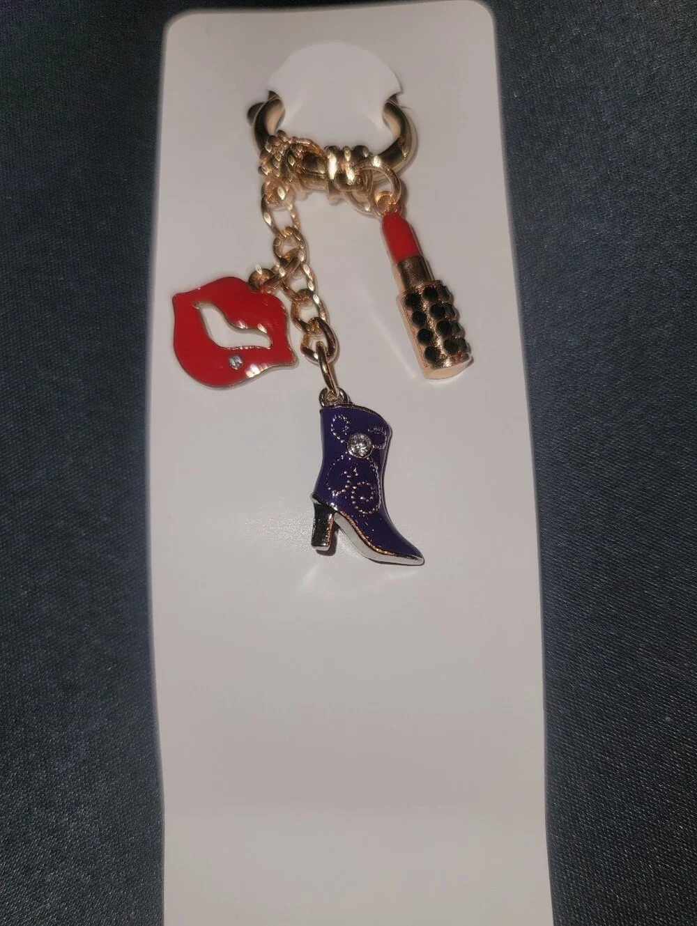 Gold-tone Charm Keychain with Red Lip, Red Lipstick & Purple Boot